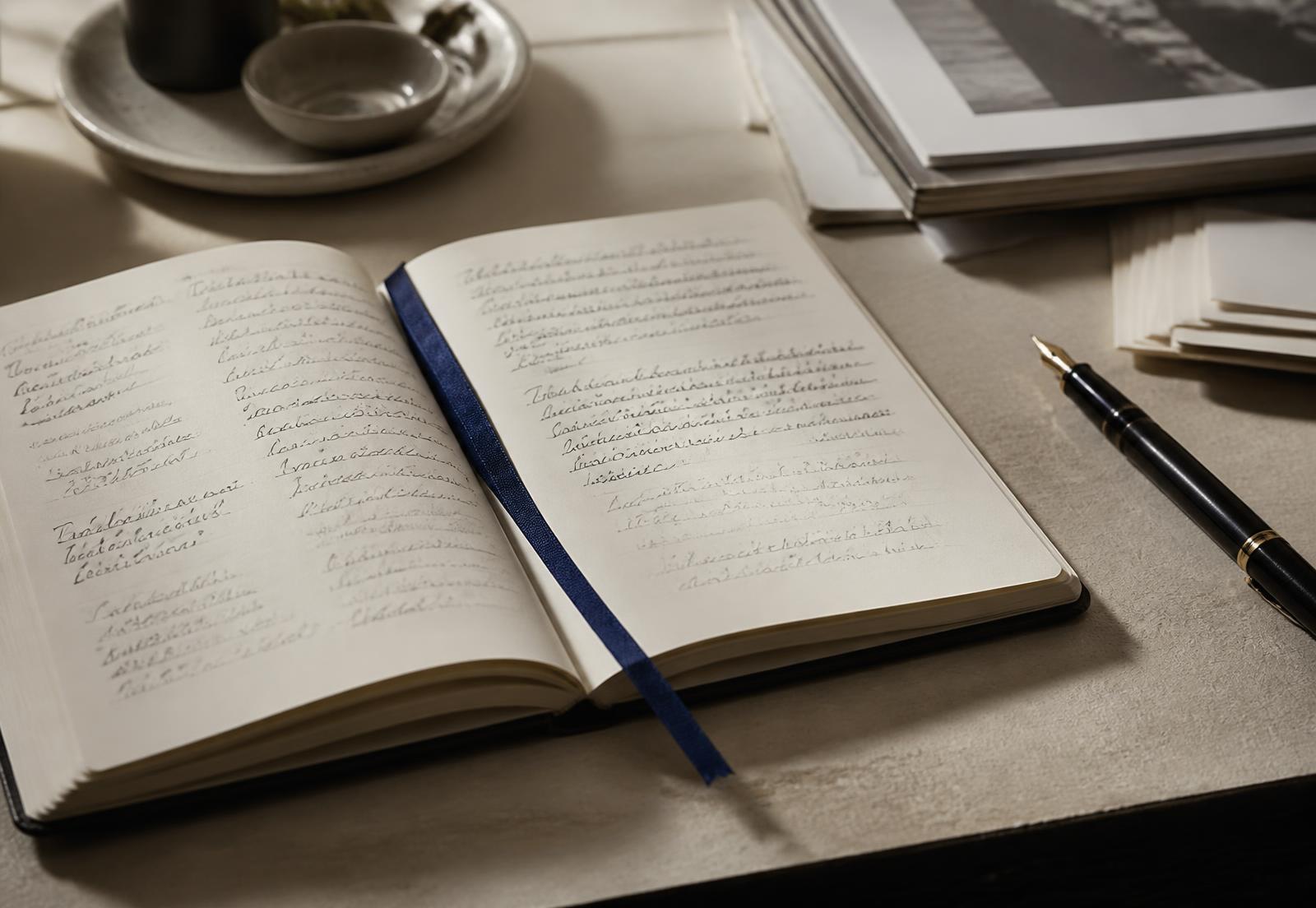 An open notebook covered in handwritten margin notes beside a fountain pen